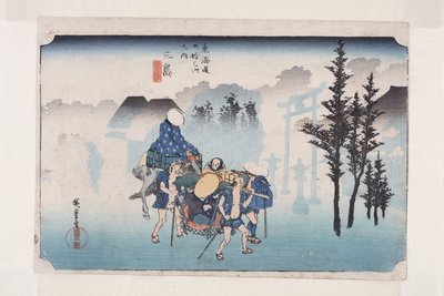 三島朝霧（三島、朝霧）（カラー木版画 作： Ando or Utagawa Hiroshige