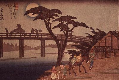 長久保の月明かり、1840年頃（横絵横型カラー木版画） 作： Ando or Utagawa Hiroshige