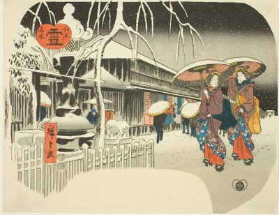 雪（結城）、シリーズ「江戸名所」より、1849～52年頃（色木版画、うちわ絵） 作： Ando or Utagawa Hiroshige