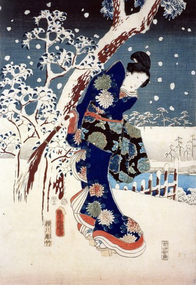 三連祭壇画の一部、大名の庭の雪景色（シルクスクリーン） 作： Ando or Utagawa Hiroshige