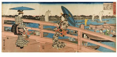 名所江戸八景 両国橋の夕焼け、1843～1847年頃（紙に木版画） 作： Ando or Utagawa Hiroshige