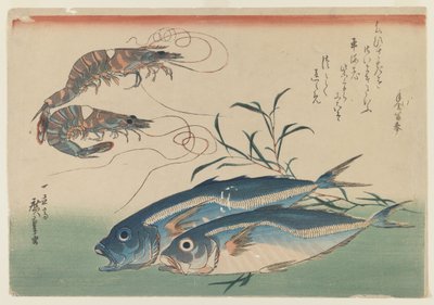 二匹のエビとアジ二匹、c.1832-33（紙に色木版） 作： Ando or Utagawa Hiroshige