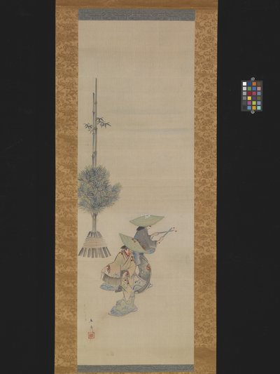 Duas mulheres com chapéus dançando (tinta e cor sobre seda) 作： Ando or Utagawa Hiroshige