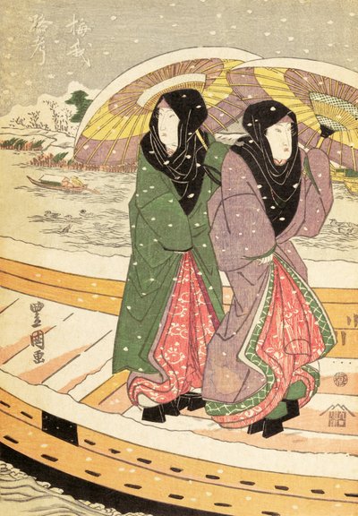 雪の橋を渡る女性たち、pub.c.1848（カラー木版画） 作： Ando or Utagawa Hiroshige