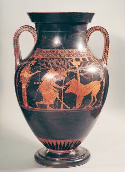 紀元前6世紀（陶器）、アテネからギリシャのケルベロスを捉えたヘラクレスを描いた屋根裏の赤像の腹アンフォラ 作： Andokides Painter