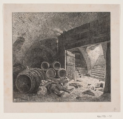 ワインセラーで酔って寝ている酔っぱらい 作： André Bork