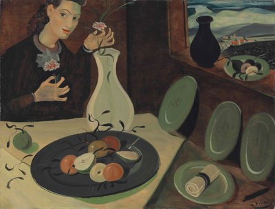花瓶に入った花と果物と女性の皿 作： Andre Derain