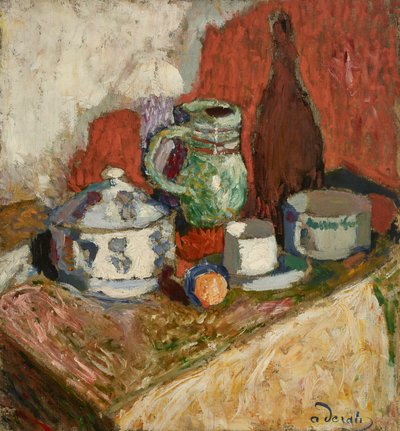 スープチュリーンとボトルのある静物 作： Andre Derain