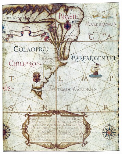 南アメリカの地図、Universa と Navigabilis Totius Terrarum Orbis Descriptio 1559 (カラー原稿) 作： André Homem