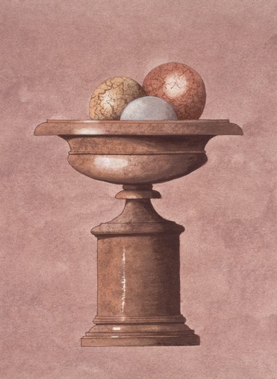 大理石の花瓶、茶色、青と黄色のボール 作： Andras Kaldor