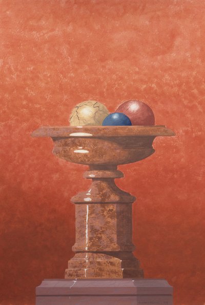 大理石の花瓶、赤、青、黄色の大理石のボール 作： Andras Kaldor