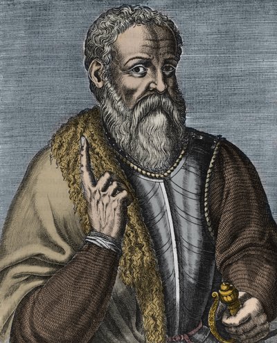 Hernando Cortez or Cortes (1485-1547) スペインの征服者 Andre Thevet (1516-1590) の後の彫刻 - 征服者 Hernan (ou Hernando) Cortes ou Fernand Cortez (1485-1547) の肖像 作： Andre (after) Thevet