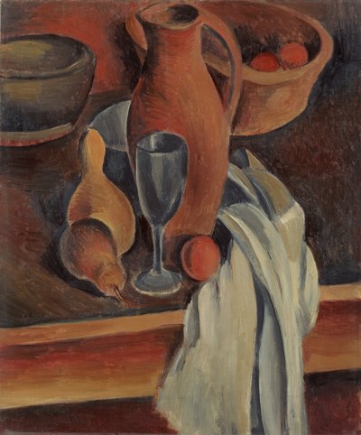 土瓶、白いナプキン、果物のある静物画 作： Andre Derain