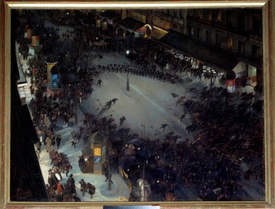 La charge, Boulevard Montmartre パリのデモの風景。アンドレ・デバンベ（1867-1944）作 1901年日。1.27 x 1.62 m パリ、オルセー美術館 作： Andre Devambez