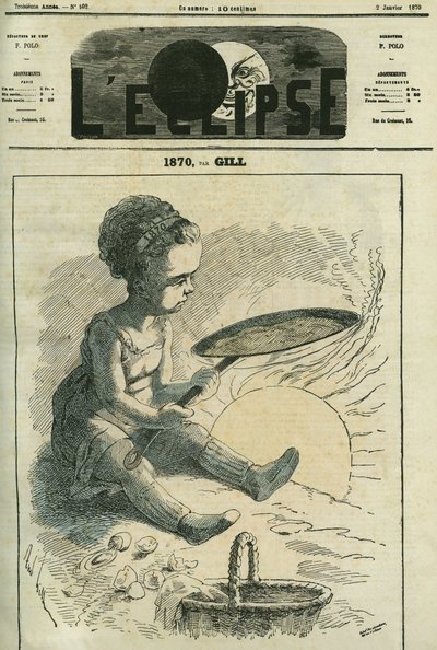 1870年、社会的料理：少女が太陽で暖められたストーブでクレープを焼いている。ギルの「日食」の表紙（1月2日付 作： Andre Gill