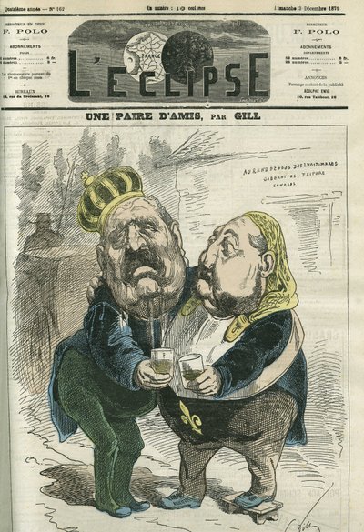 フィガロ」の演出家であるイポリット・ド・ヴィルメッサン（1812-1879）と、フランスの王位を僭称するフィリップ・ドルレアン王子（1838-1894）という友人同士のペア。12月3日付ギル社「日蝕」の表紙 作： Andre Gill