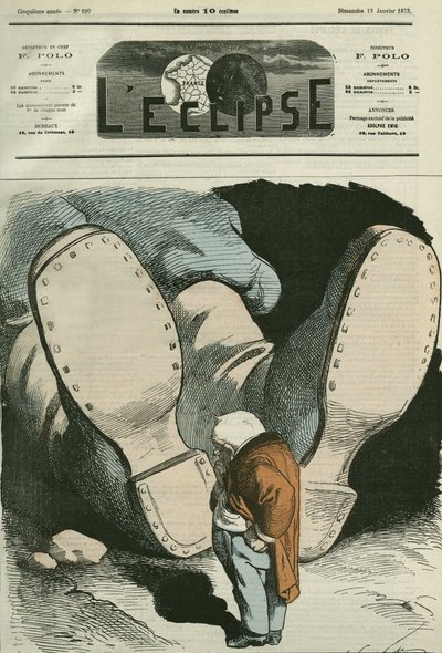 アドルフ・ティエール（1797-1877）、フランスの政治家。1月12日付ギル社「日蝕」誌の表紙 作： Andre Gill