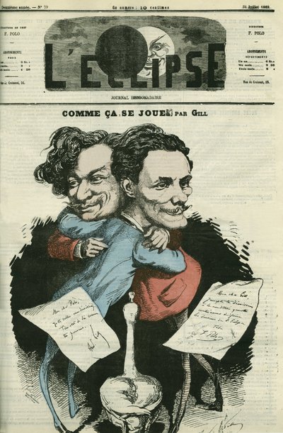 フランスの漫画家アンドレ・ギル（1840-1885）と「日食」の監督F・ポロ。ジルによる「日食」の表紙（7月24日 作： Andre Gill