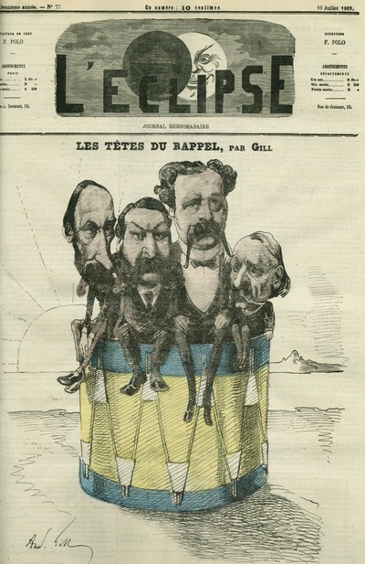 Auguste Vacquerie (1819-1895)、Victor Hugo (1802-1885)、Charles Hugo (1826-1871)、Paul Meurice (1818-1905)、フランスの文学者たち。7月10日付ギル社「日蝕」の表紙 作： Andre Gill