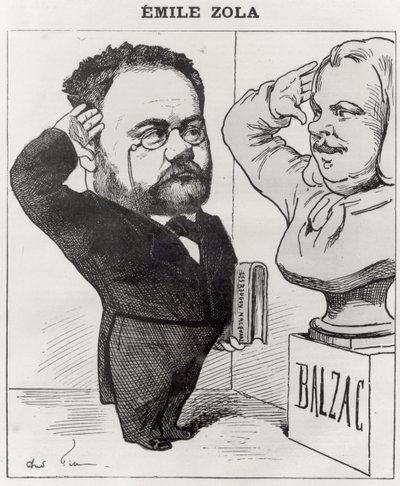 エミールゾラの風刺画（1840-1902）オノレデバルザックの胸像に敬礼（1799-1850）1878 作： Andre Gill