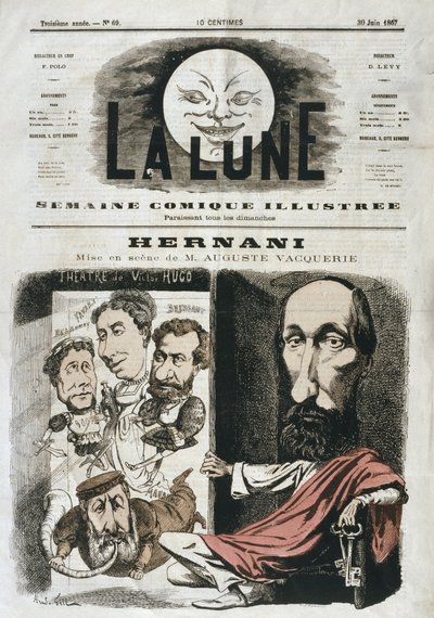 1867年6月30日、ビクターユーゴーが執筆し、オーギュストヴァッケリーが監督した「ヘルナニ」の風刺画、「ラルーン」の表紙のイラスト 作： Andre Gill