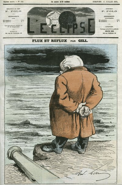 フランスの政治家Adolphe Thiers（1797-1877）の漫画。7月13日付ギル社「日食」の表紙 作： Andre Gill