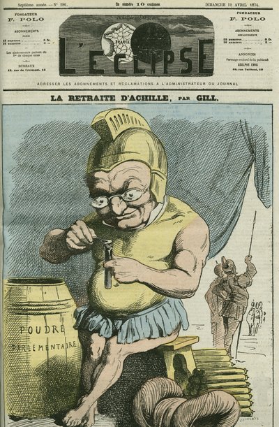 フランスの政治家、アドルフ・ティエール（1797-1877）の漫画。4月19日付ギル社「日蝕」の表紙 作： Andre Gill