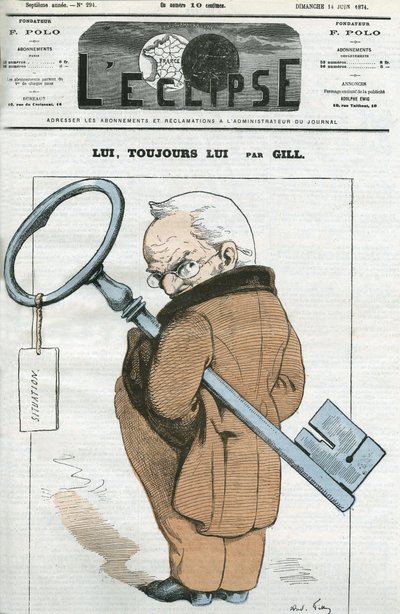 フランスの政治家Adolphe Thiers（1797-1877）の漫画。6月14日付ギル社「日食」誌表紙 作： Andre Gill