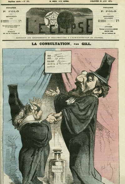 フランスの政治家、アドルフ・ティエール（1797-1877）とレオン・ガンベッタ（1838-1882）の漫画。6月28日付ギル社「日食」の表紙 作： Andre Gill