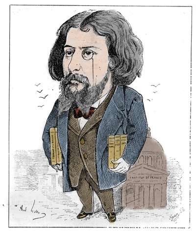 フランスの作家、アルフォンス・ドーデ（1840-1897）がパリのフランス学士院の前で本と単眼鏡を持っている様子を描いた漫画。アンドレ・ギルが描いたもの。Le Monde Illustré "に掲載された版画。 作： Andre Gill