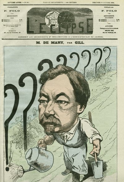 フランスの医師、ジャーナリスト、政治家であるFrancois Cesaire de Mahy (1830-1906)の漫画。10月11日付ギル社「日蝕」の表紙 作： Andre Gill