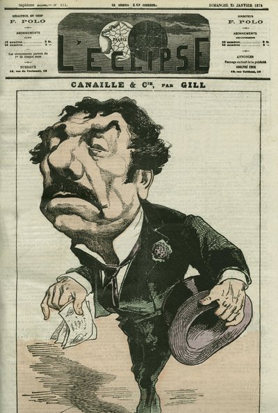 フランスの俳優、ポーラン・メニエールの漫画。1月25日付ギル社「日食」誌表紙 作： Andre Gill