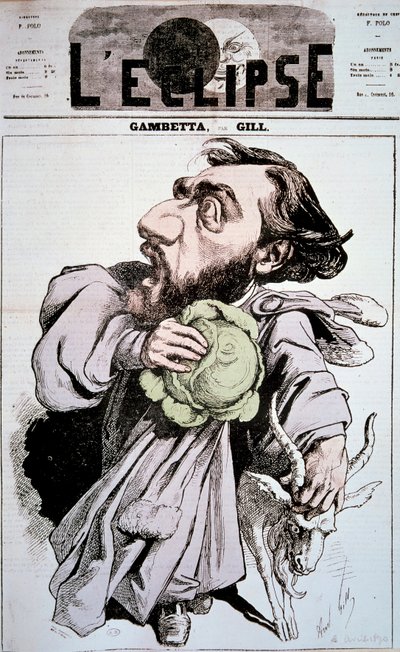 フランスの政治家であるレオン・ガンベッタ（1838-1882）を描いた漫画。アンドレ・ギル（1840-1885）が描いた「L