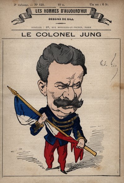 アンドレ・ギル（1840-85）による「The Men of Today」（1779-1880年頃）からのセオドア・ユング大佐（1833-1896）の漫画 作： Andre Gill