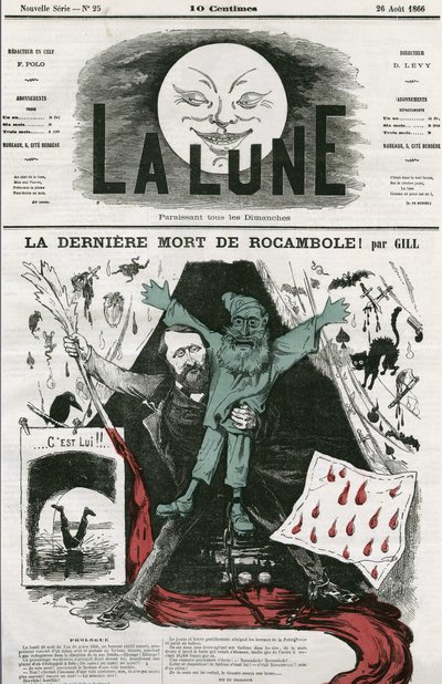 ロカモーレの最後の死」とその作者であるPierre Alexis Ponson du Terrail（1829-1871）の漫画。ギルの漫画（『月』8月26日付 作： Andre Gill
