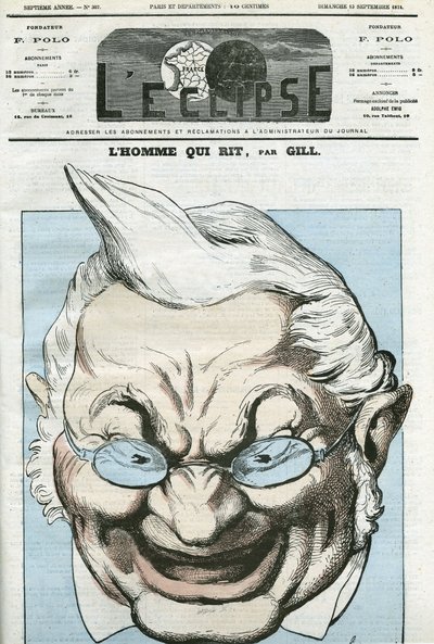 フランスの政治家、アドルフ・ティエール（1797-1877）の「笑う男」の漫画。9月13日付ジルの「日蝕」の表紙 作： Andre Gill