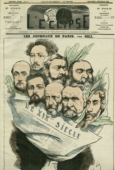 フランスの文学者エドモン・アバウト(1828-?)が監督した新聞「Le XIXe siècle」のチームの漫画。12月6日付ジルの「日蝕」の表紙 作： Andre Gill