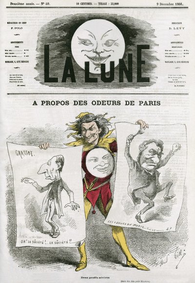 フランスの作家Louis Veuillot(1813-1883)の著書「Les Odeurs de Paris」を題材にした漫画。ギルの漫画（「La Lune」12月9日付 作： Andre Gill