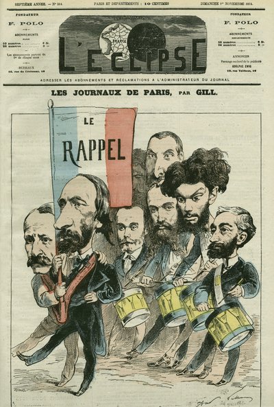 ポール・ムーリス（1818-1905）、オーギュスト・ヴァキュリー（1819-1895）、ゴリエ、ブルム、ルフェーヴル、ダーヴィリー、ペレタン、エドゥアール・ロックロイ（1838-1913）によるパリの新聞社によるレピュブリックの「リコール」を描いた漫画。11月1日付ギル社「L