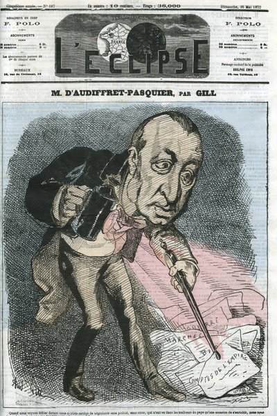 オーディフレット・パスキエ公爵エドム・アルマン・ガストン（1823-1905）、フランスの政治家。5月26日付ジルの「日蝕」での表紙 作： Andre Gill