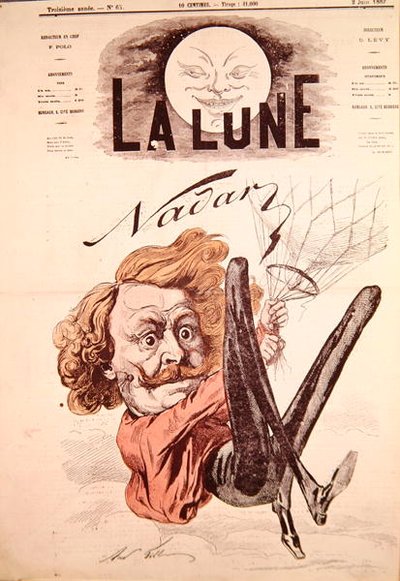 ナダール（1820-1910）が描かれた「La Lune」誌の表紙（1867年6月2日）（カラーリトグラフ 作： Andre Gill
