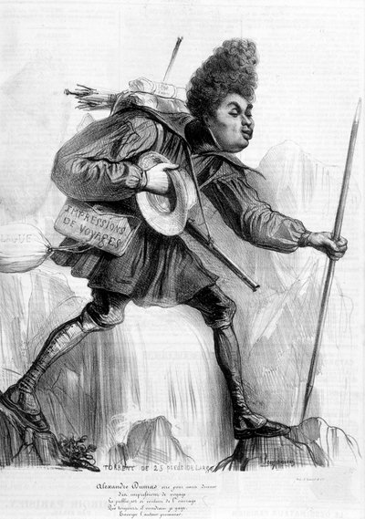 アレクサンドル・デュマ・ペールをユーモラスに描いた絵-1840年頃の『シャリヴァリ』に掲載されたもの 作： Andre Gill