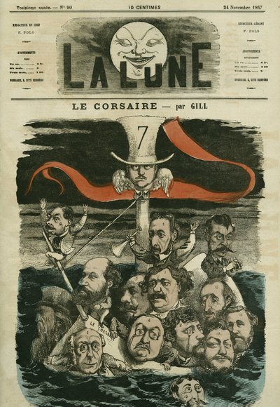 新聞「Le Corsaire」とそのコラムニストのイラスト。ギルによる漫画（「La Lune」11月24日付 作： Andre Gill