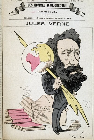 ジュール・ヴェルヌ、地球をペンに挟む - by ギル、"The men of today "にて 作： Andre Gill