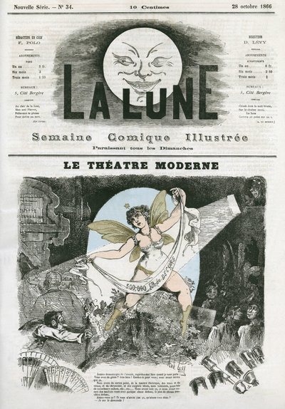 パリの近代劇場。ギルによる風刺画、「La Lune」10月28日号掲載 作： Andre Gill