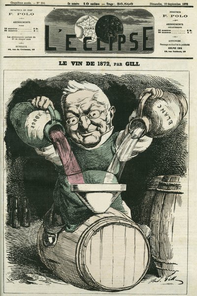 白ワインと赤ワインを混ぜ合わせたアドルフ・ティエールのイラスト「Le vin de 1872」（1797～1877年、フランスの歴史家・政治家）。9月22日付ギル社「L