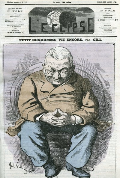 フランスの政治家、アドルフ・ティエール（1797-1877）の漫画「Little man still lives」。6月8日付ジルの「日食」の表紙 作： Andre Gill