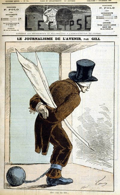 羽根で目を剥き、手を縛り、足元にボールを置いた男。「未来のジャーナリズム」-1875年12月5日付「L