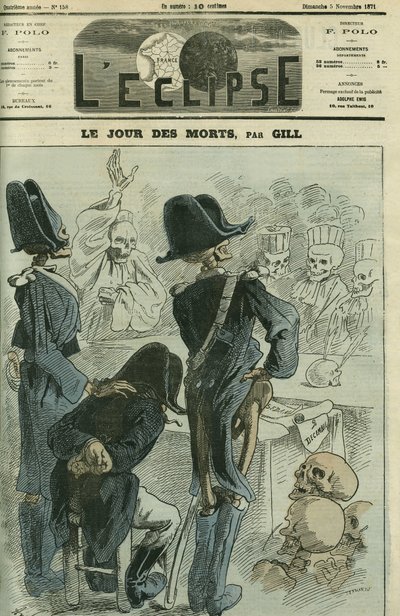 死者の日、ナポレオン3世（1808-1873）はセダンの敗北のために骸骨の集合体の前で裁かれた。11月5日付ギル社「日蝕」の表紙 作： Andre Gill