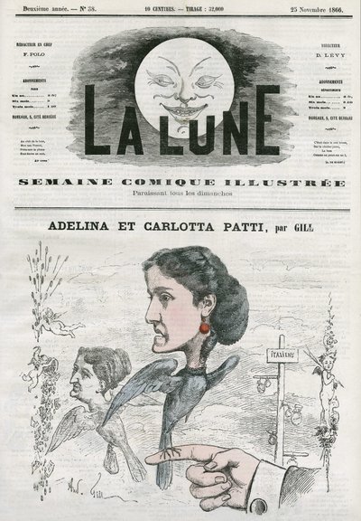 イタリアのオペラ歌手、アデリーナ（1843-1919）とカルロッタ・パッティ（1835-1889）の肖像。ギルの漫画（「月」11月25日付 作： Andre Gill